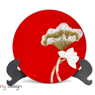 Red round lacquer dish attached with eggshell lotus 25 cm( not included with stand)